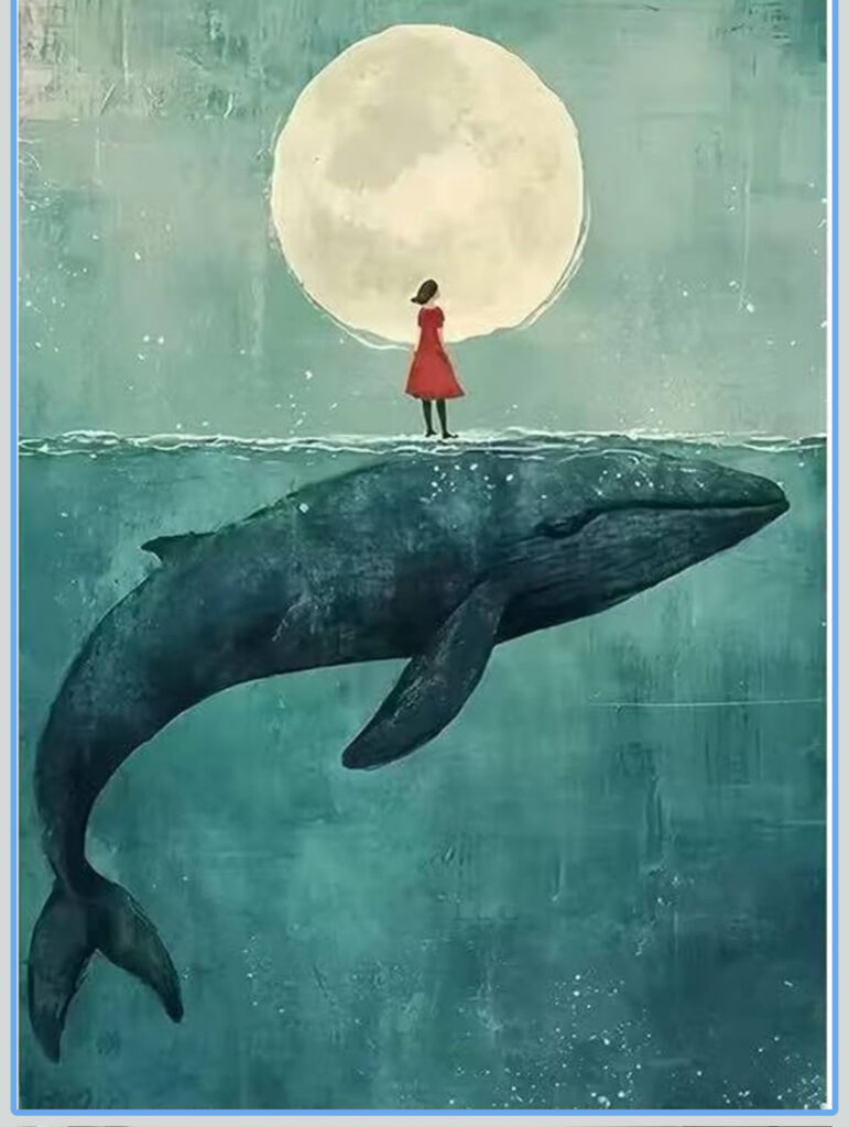 Girl in red on whale under full moon
